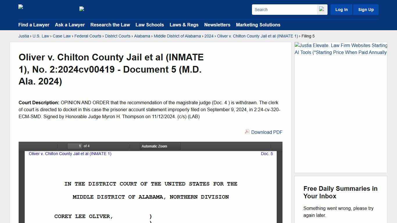 Oliver v. Chilton County Jail et al (INMATE 1), No. 2:2024cv00419 - Document 5 (M.D. Ala. 2024) :: Justia